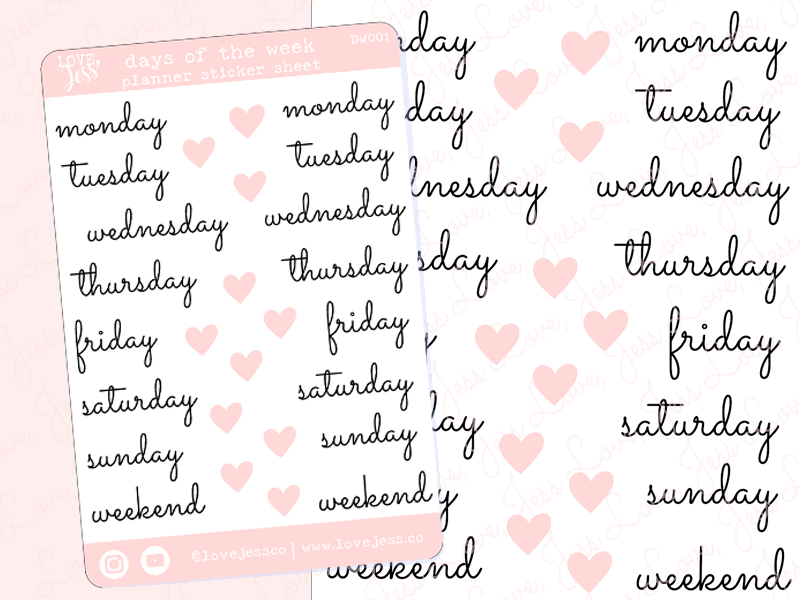 Days of the Week Planner Sticker Sheet